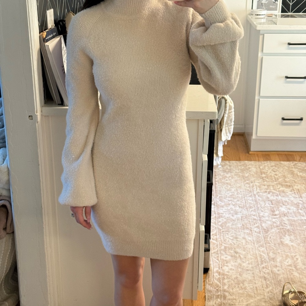 Elegant Cream Turtleneck Sweater Dress
